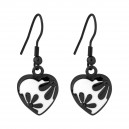 Black PVD Flower Synthetic Enamel Heart Hanging Earrings Ear Pair
