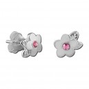Two Leafs Pink Strass Flower 925 Sterling Silver Child Earrings Ear Studs Pair