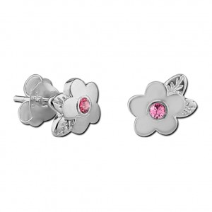 Ohrringe Kind 925 Sterlingsilber Blume Strass Rosa Zwei Blätter