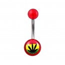 Transparent Red Acrylic Belly Bar Navel Button Ring w/ Cannabis