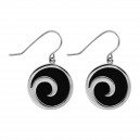 Flat Black Onyx Waves Rounds 316L Steel Hanging Earrings Ear Pair