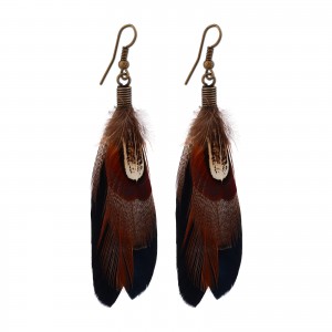 Brown Long Feather 316L Steel Earrings Ear Studs Pair
