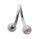 Twisted / Helix 316L Surgical Steel Barbell w/ Two Pink Strass