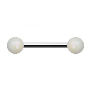 White Shimmering Effect Acrylic Two Balls Nipple Barbell Ring