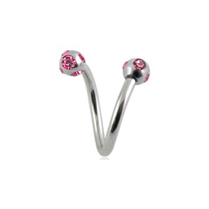 Twisted / Helix 316L Surgical Steel Barbell w/ 5 Pink Strass