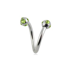 Twisted / Helix 316L Surgical Steel Barbell w/ 5 Light Green Strass