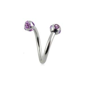 Twisted / Helix 316L Surgical Steel Barbell w/ 5 Purple Strass