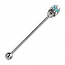 Skull Industrial Straight Barbell Ring w/ Two Turquoise Strass Eyes