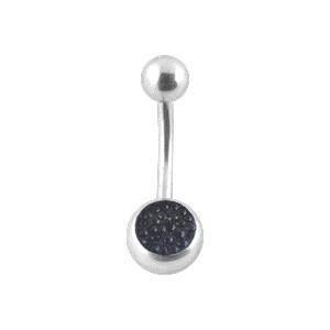Belly Bar Navel Button Ring w/ Balls & Black Crystal Strass