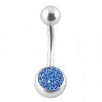 Belly Bar Navel Button Ring w/ Balls & Light Blue Crystal Strass