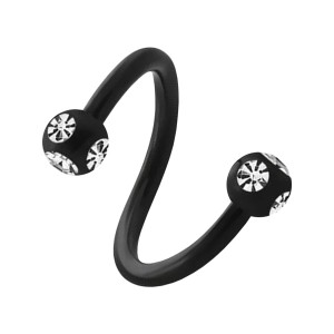 Spiral-Piercing Eloxiert Schwarz 5 Strass Wei&szlig;