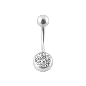 Belly Bar Navel Button Ring w/ Balls & White Crystal Strass