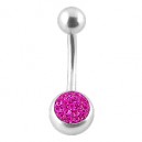 Belly Bar Navel Button Ring w/ Balls & Pink Crystal Strass