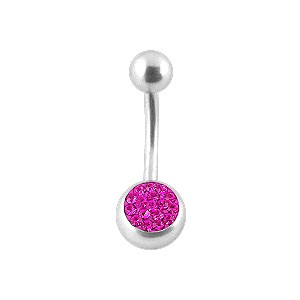 Belly Bar Navel Button Ring w/ Balls & Pink Crystal Strass