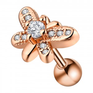 Helix- / Tragus-Piercing Stahl 316L Gold Rosa Schmetterling & 11 Wei&szlig;e Strass