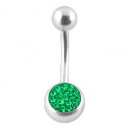 Belly Bar Navel Button Ring w/ Balls & Dark Green Crystal Strass
