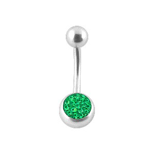 Belly Bar Navel Button Ring w/ Balls & Dark Green Crystal Strass