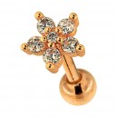 Helix- / Tragus-Piercing Stahl 316L Gold Rosa Blume & 6 Weiße Strass