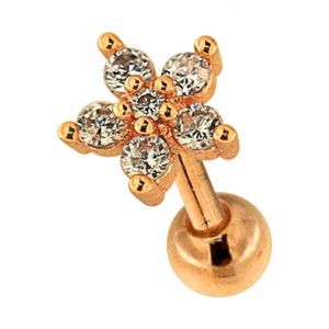 Helix- / Tragus-Piercing Stahl 316L Gold Rosa Blume & 6 Weiße Strass