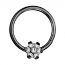 Daith-Piercing Segment-Ring Eloxiert Schwarz Blume 7 Wei&szlig;e Strasssteine