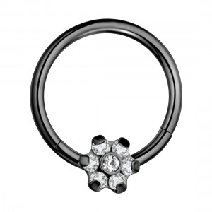 Daith-Piercing Segment-Ring Eloxiert Schwarz Blume 7 Wei&szlig;e Strasssteine