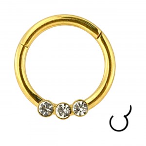 Piercing Daith Ring Clicker 3 Weiße Strasssteine Eloxiert Golden Scharnier