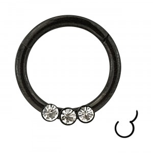 Daith-Piercing Clicker-Ring 3 Weiße Strasssteine Eloxiert Schwarz Scharnier