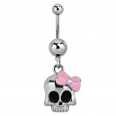 Pink Bow Skull Pendant 316L Steel Belly Button Ring