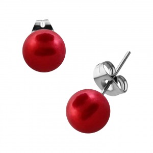 Red Fake Pearl Balls Earrings Ear Stud Pair