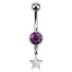 Purple Strass 316L Steel Belly Button Ring w/ Star Pendant