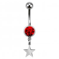 Red Strass 316L Steel Belly Button Ring w/ Star Pendant