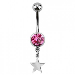 Pink Strass 316L Steel Belly Button Ring w/ Star Pendant