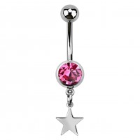 Pink Strass 316L Steel Belly Button Ring w/ Star Pendant