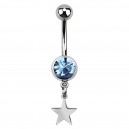 Light Blue Strass 316L Steel Belly Button Ring w/ Star Pendant