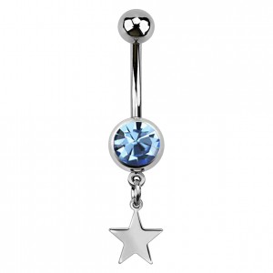 Light Blue Strass 316L Steel Belly Button Ring w/ Star Pendant