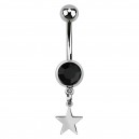 Black Strass 316L Steel Belly Button Ring w/ Star Pendant