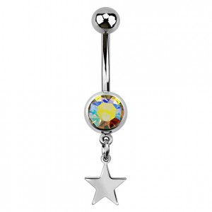 Rainbow Strass 316L Steel Belly Button Ring w/ Star Pendant