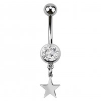 White Strass 316L Steel Belly Button Ring w/ Star Pendant