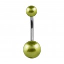 Two Green Fake Pearls 316L Steel Navel Belly Button Ring