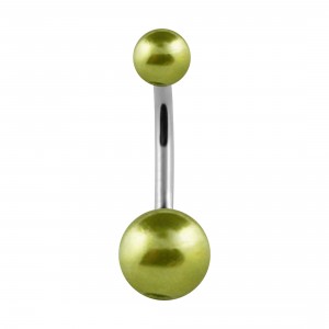Two Green Fake Pearls 316L Steel Navel Belly Button Ring