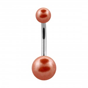 Two Orange Fake Pearls 316L Steel Navel Belly Button Ring