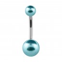 Two Turquoise Fake Pearls 316L Steel Navel Belly Button Ring