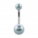 Two Light Blue Fake Pearls 316L Steel Navel Belly Button Ring