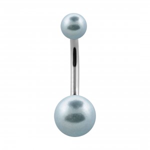 Two Light Blue Fake Pearls 316L Steel Navel Belly Button Ring