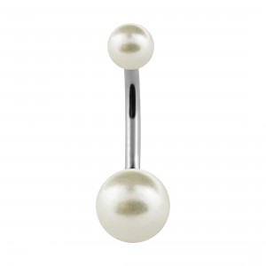Two Pearly White Fake Pearls 316L Steel Navel Belly Button Ring
