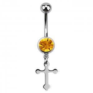 Yellow Strass Latin Cross Pendant 316L Steel Belly Button Ring