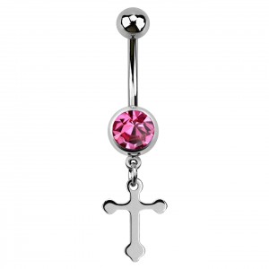 Pink Strass Latin Cross Pendant 316L Steel Belly Button Ring