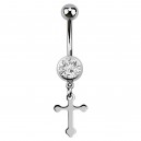 White Strass Latin Cross Pendant 316L Steel Belly Button Ring