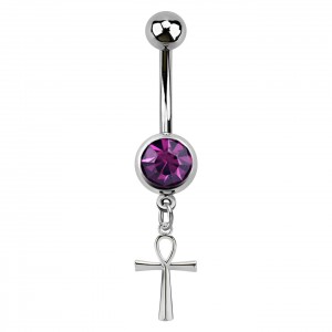 Purple Strass Ankh Pendant 316L Steel Belly Button Ring