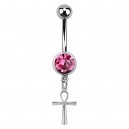 Pink Strass Ankh Pendant 316L Steel Belly Button Ring